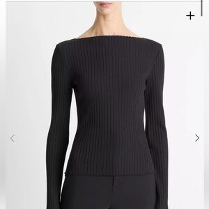 NWT Vince Ribbed Cotton-Blend Slash-Neck Long-Sleeve Top